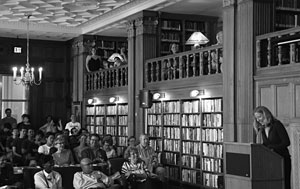 A poetry reading in the Morrison Library