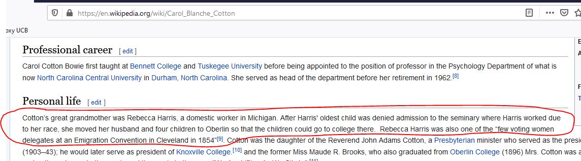 Added portion of the Carol Blanche Cotton Wikipedia page