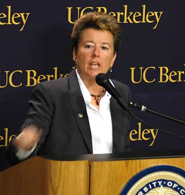 Sandy Barbour at podium answering a question