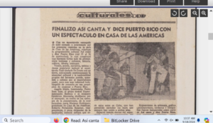 Así canta y dice Puerto Rico. 1982Title: Así canta y dice Puerto Rico. 1982 Localidad: Cuba Resumen: Artículos sobre el citado evento, celebrado en Casa de las Américas. Artistas participantes. Publicado en Granma y Trabajadores. Coleccion: Colección Archivo Vertical type: Congreso