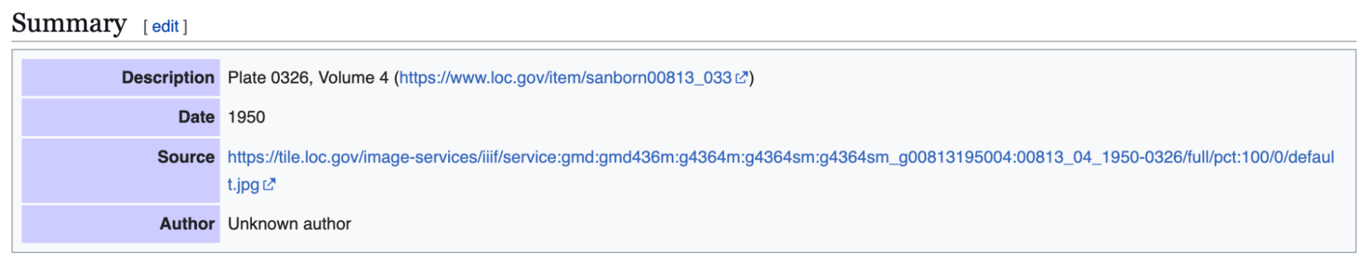 Summary box showing a limited amount of information with purple headers to the left and information to the right on a grey background.